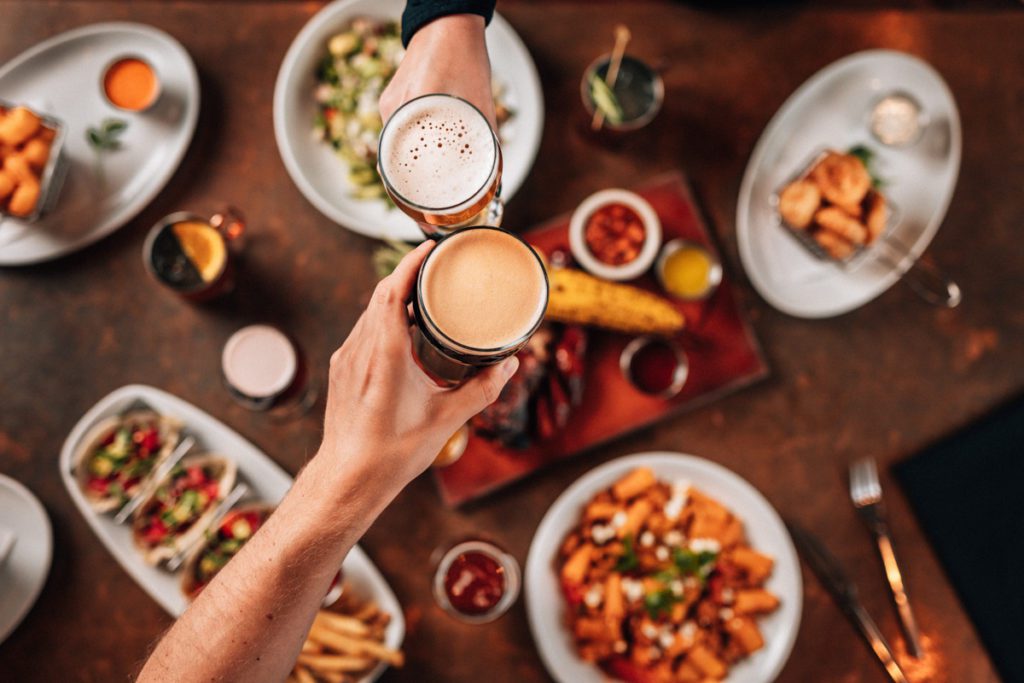 overhead shot of food and beverage